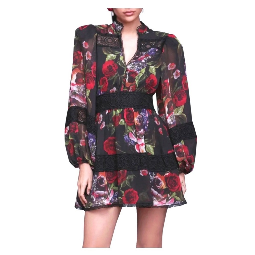 Avec Les Filles Balloon Sleeve Mini Cocktail Dress 8 Black Lace Whimsigoth Date